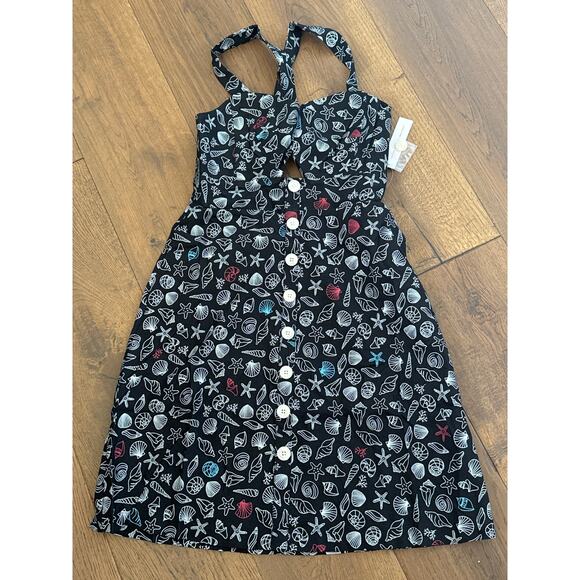 Modcloth Seashore Spectacular Linen Midi Dress Cutout Black Seashell Sz 6 NWT - Picture 1 of 11